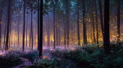 Magical forest at dusk with glowing lights illuminating the trees and ground