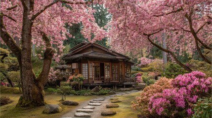 Cherry blossoms surround a serene Japanese garden during springtime bloom