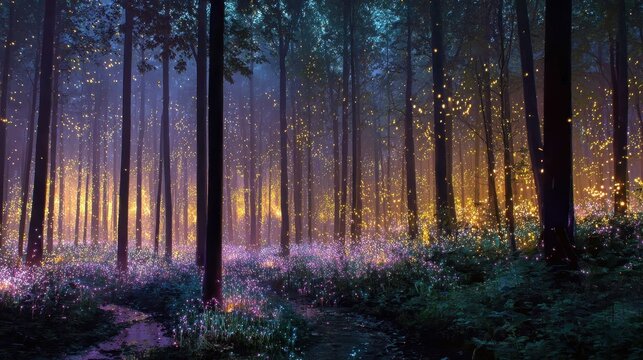 Magical forest at dusk with glowing lights illuminating the trees and ground