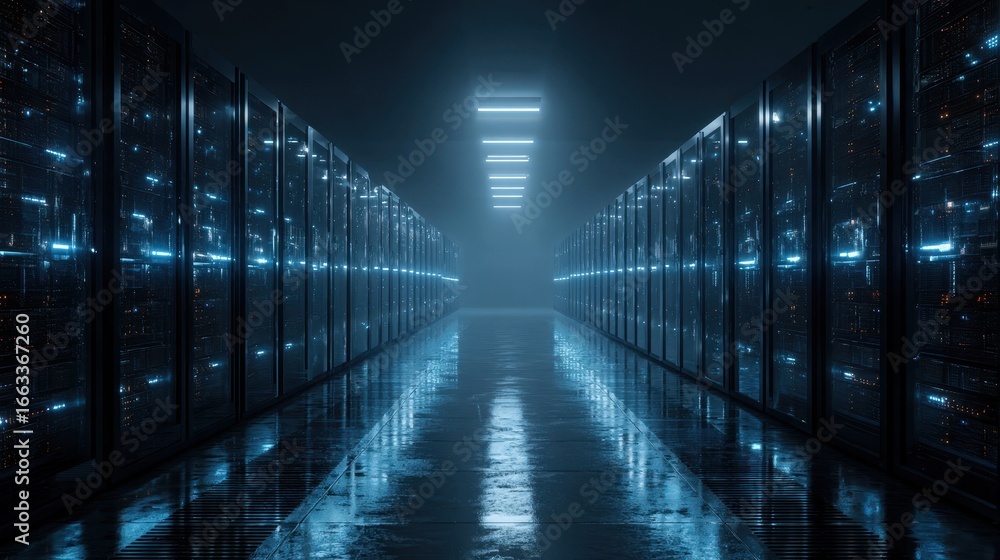 Poster high-tech data center showcasing server racks in a dimly lit corridor with glowing lights