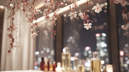 Elegant Interior Design With Hanging Cherry Blossoms And City Lights
