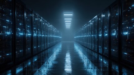 High-tech data center showcasing server racks in a dimly lit corridor with glowing lights
