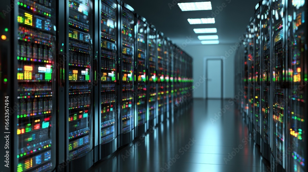 Poster modern data center with rows of servers illuminated by colorful led lights