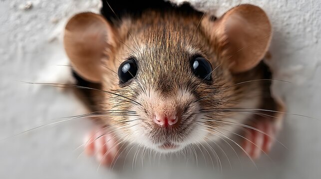 Charming, high-detail macro photograph of a cute brown rat with large, expressive black eyes and delicate pink paws, peeking its head through a torn hole in a white wall.