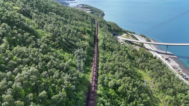 view of a freight train crossing forested hillside past the Haalogalandsbrua bridge on blue waters