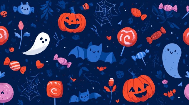 cute cartoon halloween pumpkins bats webs and candy on dark blue background