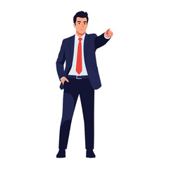 The Leader's Guidance: A confident businessman, elegantly dressed, directs with a gesture, his poise conveying authority and clear vision. Illustrating leadership, decision-making.