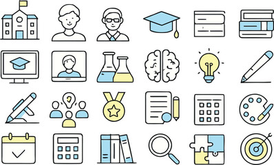 Education icons for school, university, and learning materials. Use for web design, presentations, and more. Perfect for illustrating educational concepts and ideas.