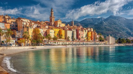 Coastal town view with colorful houses and serene waters during a sunny day