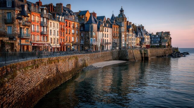 Charming coastal town with historic architecture along the water at sunset - Powered by Adobe