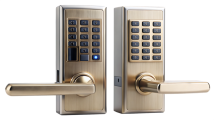 Gold Digital Door Locks with Keypad and Handle on Background digital lock smart lock isolated on a transparent background