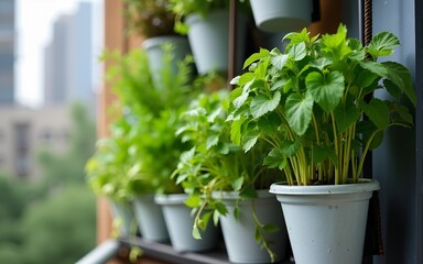 Closeup of lush, modern vertical garden on an apartment balcony with a variety of fresh green plants and herbs in hanging flower pots. Ideal solution for urban gardening where space is limited. AI.