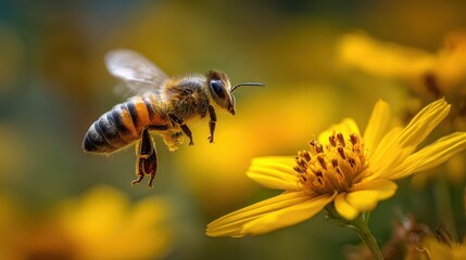 Pollinating bee flying toward bright yellow flower in a vibrant garden during springtime