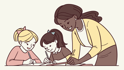 Teacher Helping Students with Schoolwork Illustration of Education and Learning.