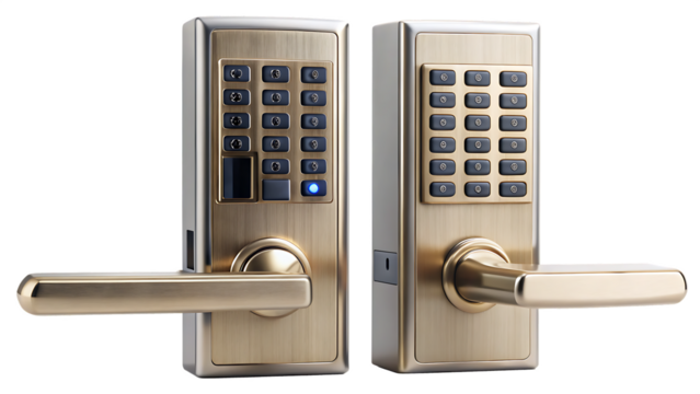 Gold Digital Door Locks with Keypad and Handle on Background digital lock smart lock isolated on a transparent background