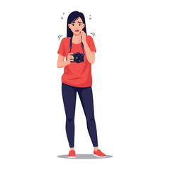 Nervous Photographer: A woman, holding a camera with an air of uncertainty, possibly a beginner, captures a moment of apprehension.