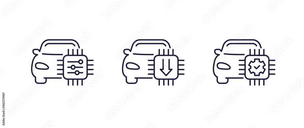 Poster car firmware line icons with computer chip