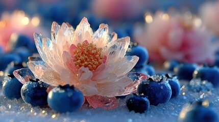 Icy pink lotus flower, blueberries, ethereal