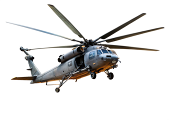 Military Hawk Helicopter in Flight with Rotors Spinning military helicopter isolated on a transparent background