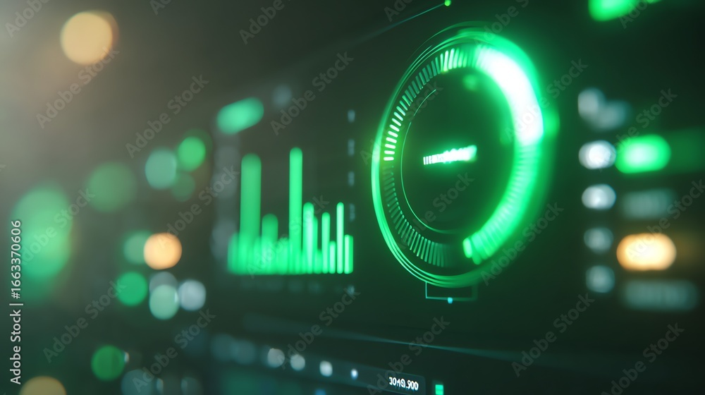 Fototapete a vibrant digital interface displays dynamic data visualizations, featuring a circular gauge and bar