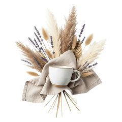 White Ceramic Cup with Dried Floral Arrangement on Beige Cloth in Rustic Style