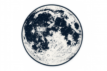 Stylized illustration of the full moon surface featuring craters and dark areas, isolated on transparent background
