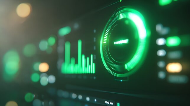 A vibrant digital interface displays dynamic data visualizations, featuring a circular gauge and bar graph rendered in glowing green hues, evoking a sense of technological advancement and complex