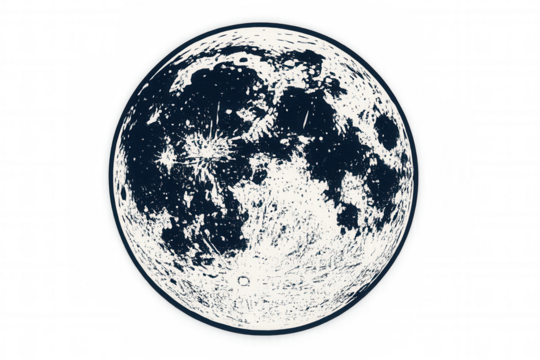 Stylized illustration of the full moon surface featuring craters and dark areas, isolated on transparent background - Powered by Adobe