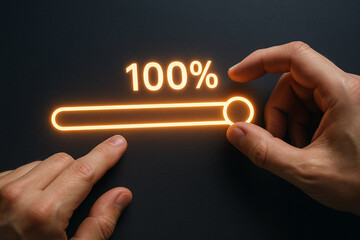 Hands interacting with glowing progress bar showing 100 percent
