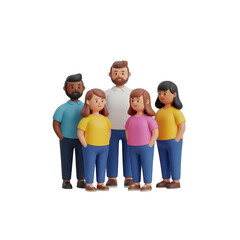 Diverse group of five cartoon characters standing together isolated on transparent background