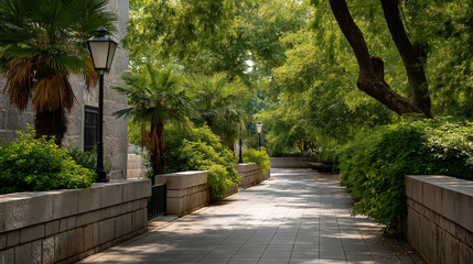 Obraz premium Tranquil promenade with lush greenery and soft sunlight