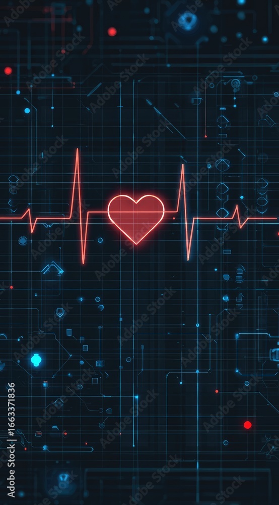 Poster a vibrant red heart icon centered within a pulsating red ekg line, superimposed on a dark background