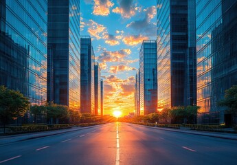 Fototapeta premium City street lined with tall glass buildings at sunset, leading to a bright sun. Road reflects the golden light