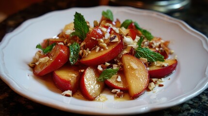 Fresh fruit salad with apples and nuts garnished with mint leaves at a cozy kitchen setting