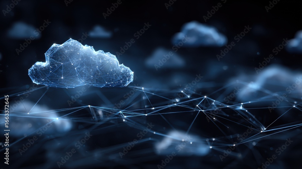 Poster digital clouds connected through a network in a futuristic setting