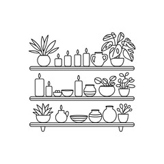 Cozy home decor line art featuring plants candles and vases on floating shelves white background