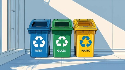 Recycling bins with clearly labeled colors, eco-friendly zero waste lifestyle, clean modern design, bright daylight