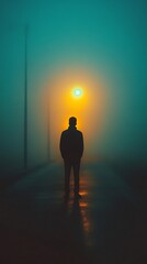 Obraz premium Silhouette of a Man Under Streetlight in Thick Fog with Wet Pavement Reflection