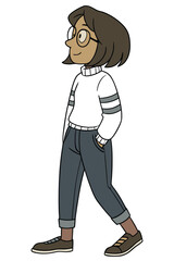 A cartoon person with short dark hair and glasses, wearing a white sweater with grey sleeve stripes, dark blue rolled-up pants, and brown shoes, walking with hands in their pockets.