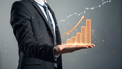Businessperson in suit presenting glowing orange bar chart with upward arrow and dotted graph overlay – Financial success, corporate growth, data analytics, investment strategy, performance metrics