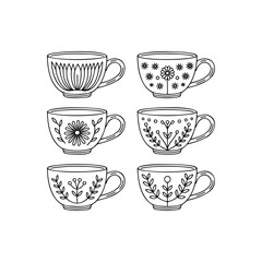 Six decorative ceramic cups with floral and botanical designs in a hand-drawn style white background