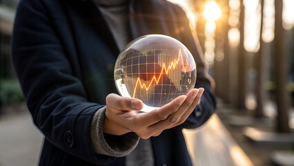 Person holding glass sphere with rising financial chart overlay in warm outdoor light – Market prediction, investment foresight, economic trends, data visualization, financial growth, Business
