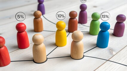 Colorful wooden figurines connected by black lines with percentage labels on light wood surface – Social network, data visualization, demographics, diversity, communication, statistics, interaction