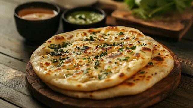 aloo kulcha indian recipe on a warm background, zoom out video