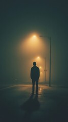 Obraz premium Silhouette of Man Standing on Wet Street in Foggy Night under Yellow Streetlights