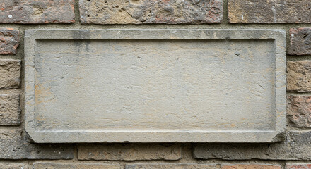 A weathered rectangular plaque, likely made of stone, is set into a textured brick wall, providing a blank space for potential inscription or artistic display.