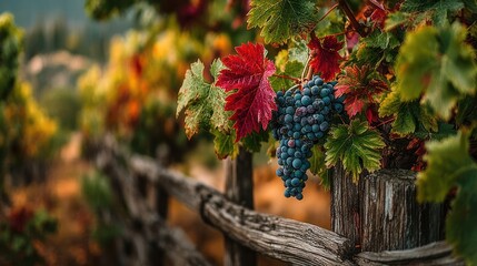 Autumn vineyard cluster of dark grapes, vibrant fall foliage, rustic fence
