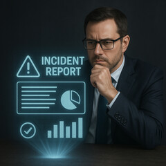 Businessman analyzing holographic incident report with charts and data