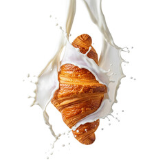 Golden Croissant with Dynamic Milk Splash in Motion