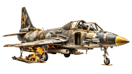 Jet Fighter Aircraft with Fire Effects and Damage airplane damaged isolated on a transparent background